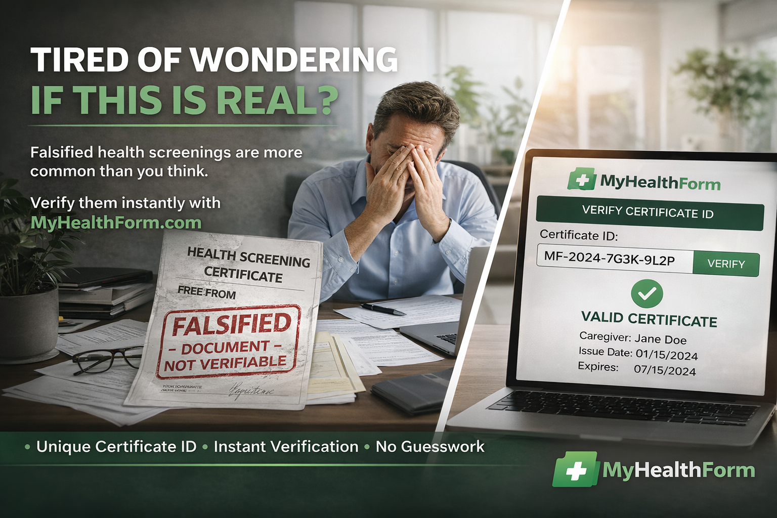 Frustrated healthcare administrator reviewing a falsified caregiver health screening certificate while MyHealthForm.com verifies a valid certificate with a green checkmark on a computer screen.