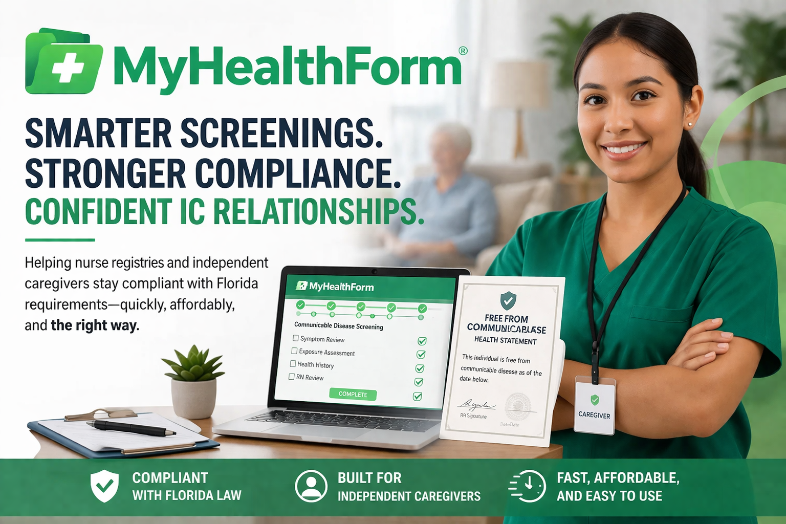 MyHealthForm healthcare compliance banner showing caregiver and digital communicable disease screening certificate