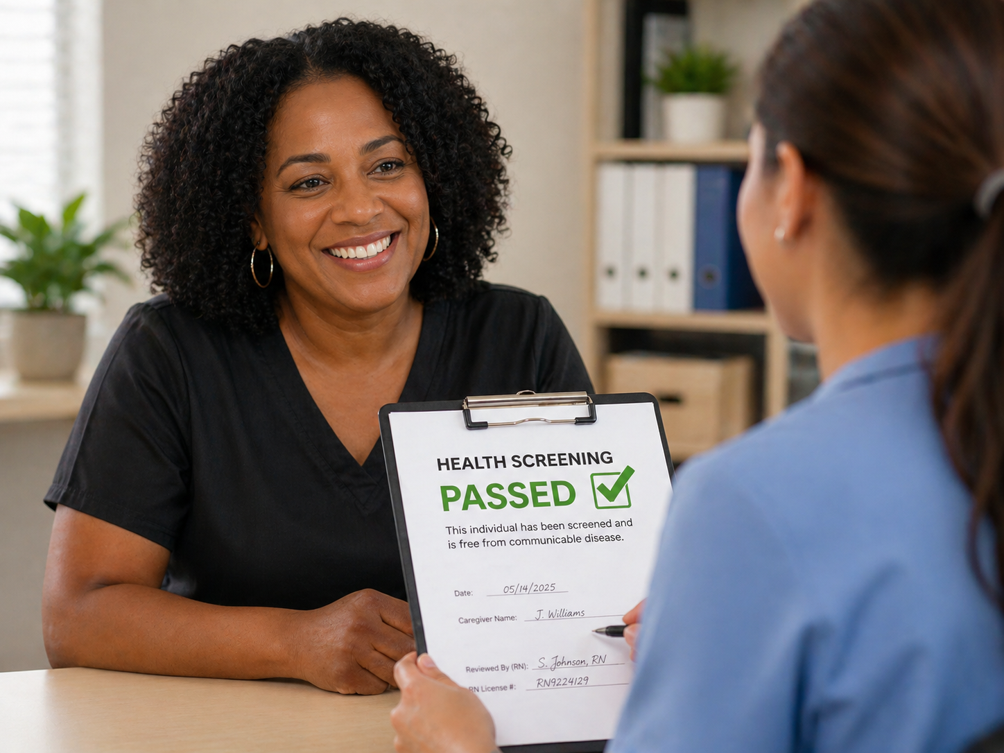 African American caregiver reviewing a simple health screening questionnaire on a tablet, representing a fast and accessible way to complete a free from communicable disease screening.