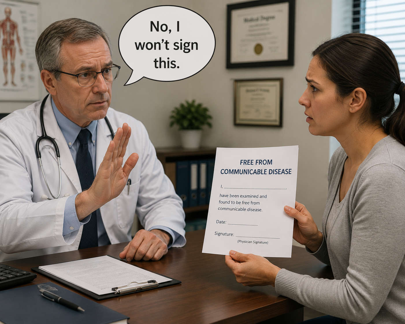 Physician refusing to sign a free from communicable disease form while a caregiver looks concerned in a medical office